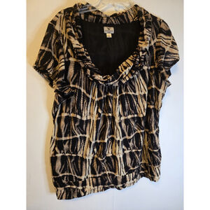 Worthington Mesh Top 2X Brown/Blk Geo Twist Cowl Neck ShortSleeve Career Boho